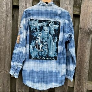 Upcycled handcrafted Bleached German metal band Leaves Eyes plaid button down